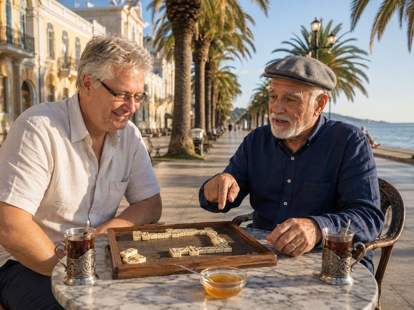 Radim Kaufmann playing dominoes with a local Abkhaz elder in a grey flat cap and navy linen shirt at an outdoor seaside cafe on the Sukhumi promenade in Abkhazia, with two tea glasses in metal podstakanniks, a small dish of mountain honey, palms and Soviet-era neoclassical buildings behind, the Black Sea on the right