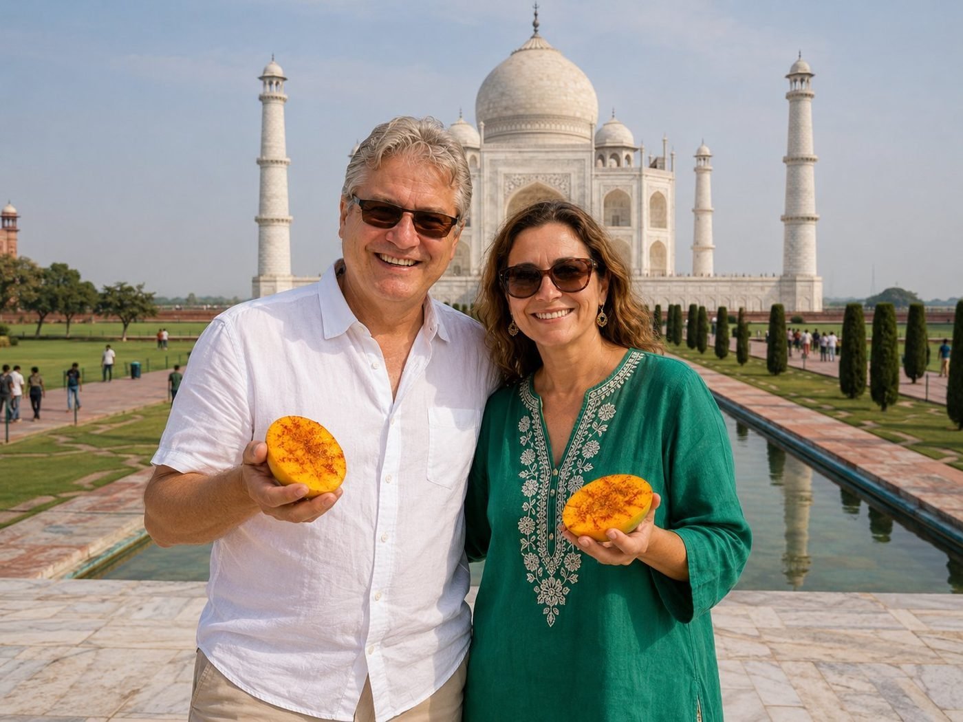 Radim Kaufmann at the Taj Mahal with an Indian female friend in an emerald-green embroidered kurta, both holding halved Alphonso mangoes dusted with chaat masala, the white marble mausoleum and reflecting pool behind them