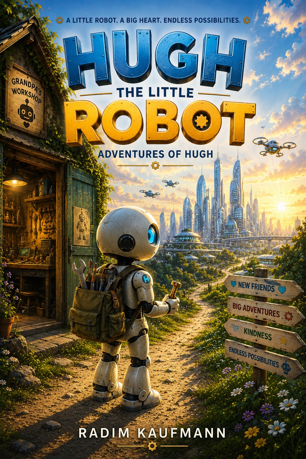 Hugh the Little Robot: Adventures of Hugh — book cover by Radim Kaufmann