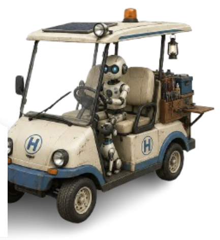 Hugh driving the Hugh Mobile, his little service vehicle, with Max the robotic dog