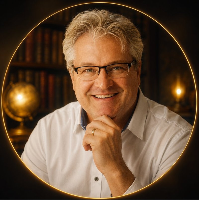 Radim Kaufmann — author and publisher, photographed in his study with bookshelves and a globe