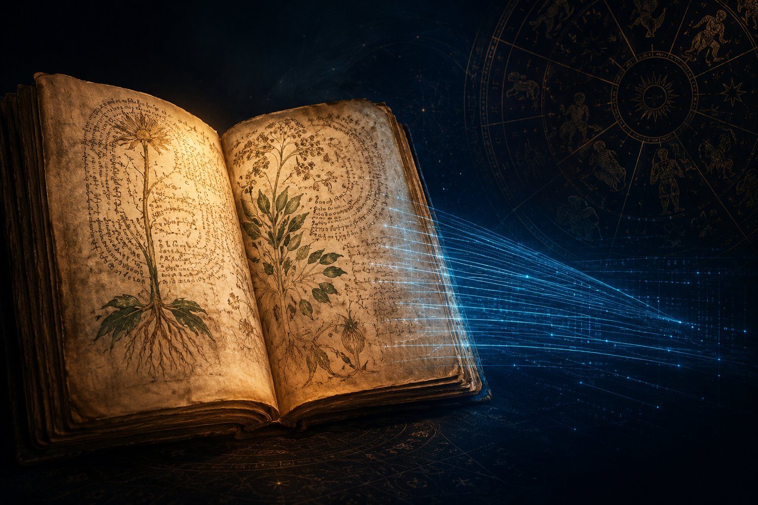 An open medieval manuscript with botanical illustrations on aged parchment, beside streams of luminous data resolving into a star map — symbolising the meeting of an unread book and a modern method.